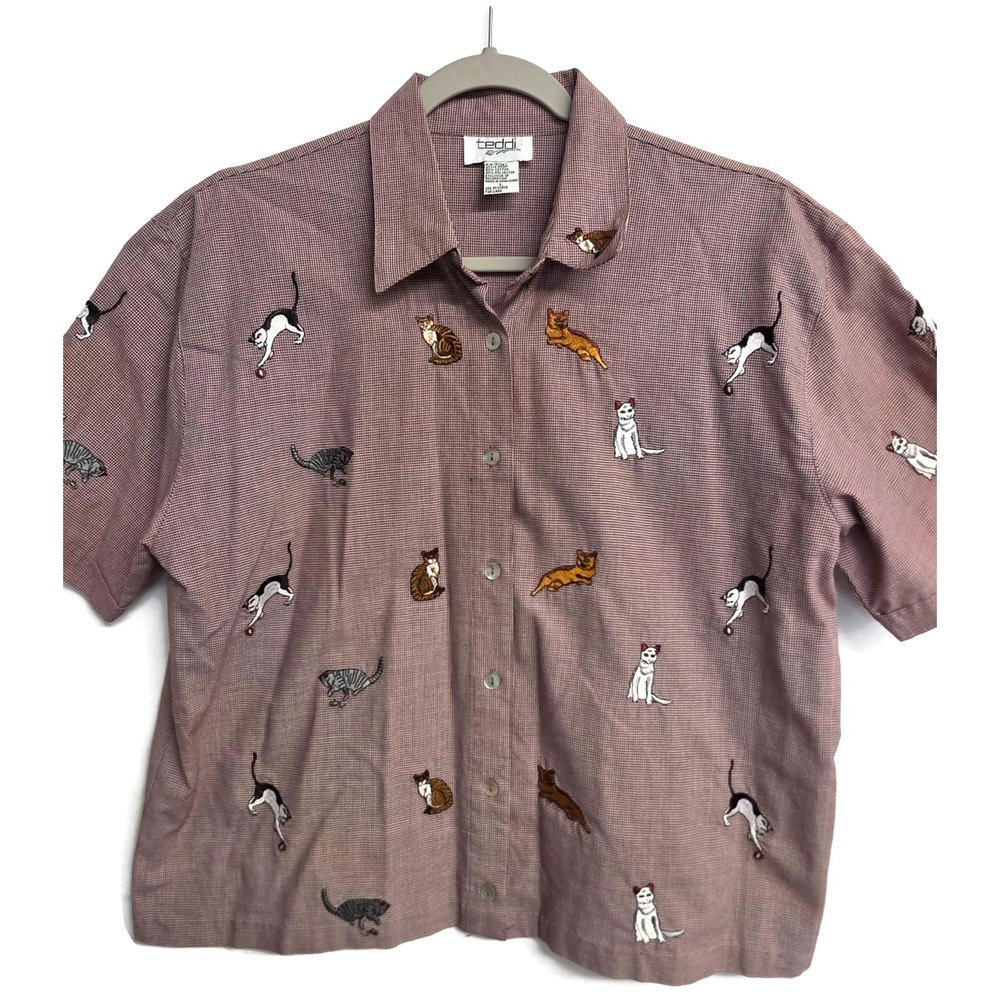 Vintage Cats Embroidered Button Up Shirt Burgundy Check Short Sleeve L Teddi